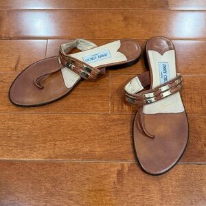 Jimmy Choo Brown Leather w Gold Detailing Flat Thong Sandals Shoes Sz. 40 (10)